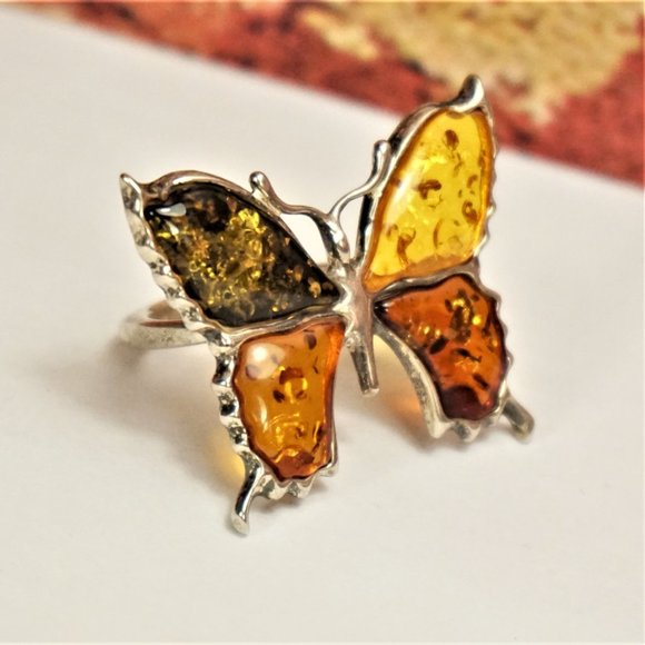BALTIC AMBER STERLING BUTTERFLY RING SIZE 7.75 GIFT FOR WOMEN - Picture 13 of 13